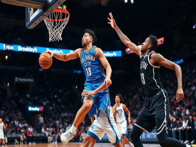 A dynamic NBA court scene featuring Chet Holmgren of the Thunder soaring for a dunk over a defender from the Nets, with the s