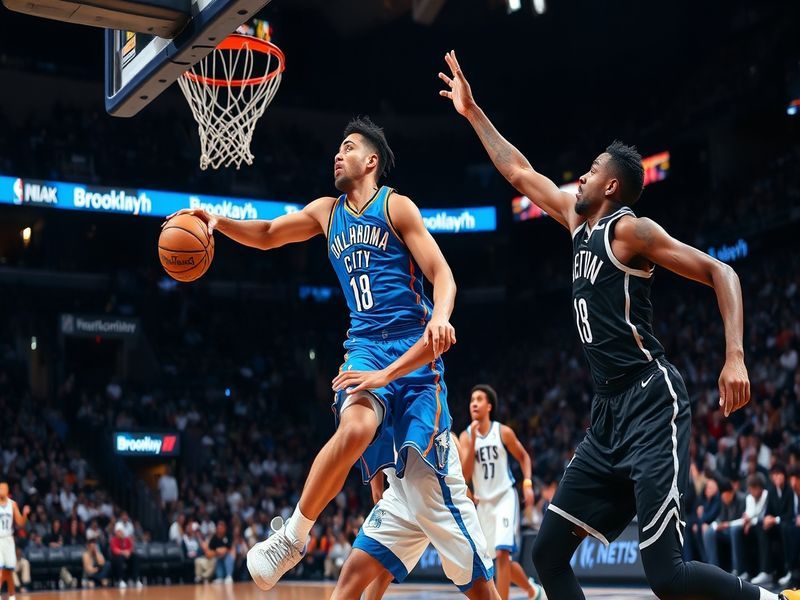 A dynamic NBA court scene featuring Chet Holmgren of the Thunder soaring for a dunk over a defender from the Nets, with the s