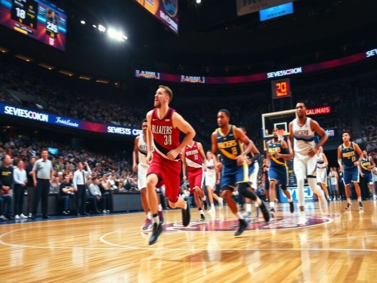 A split-screen image showing a Trail Blazers player launching a three-pointer on the left and a Pacers defender contesting th