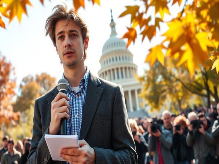 A professional portrait of Luke Russert, smiling confidently, in a newsroom setting with a modern background.