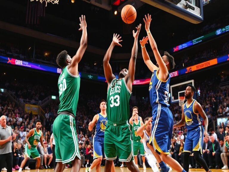 An action-packed image of a Celtics vs Warriors game, showcasing players in motion, the crowd's excitement, and the vibrant c