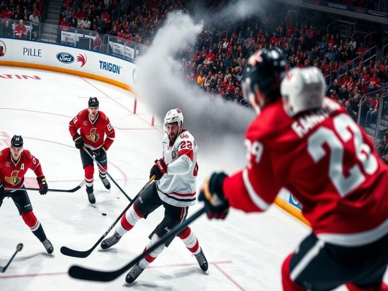 An intense hockey match between the Senators and Capitals, showcasing players in action, vibrant fan attire, and the electric