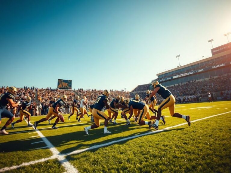 An intense football game scene between Navy and Wake Forest, showcasing players in action, vibrant team colors, and a packed