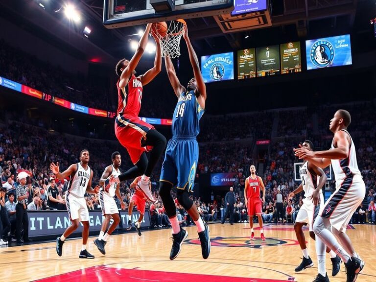A split-screen image: On one side, the Hawks' balanced lineup in a defensive stance; on the other, the Mavericks' Luka Dončić