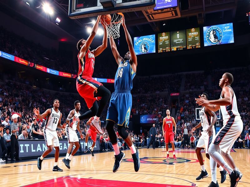 A split-screen image: On one side, the Hawks' balanced lineup in a defensive stance; on the other, the Mavericks' Luka Dončić