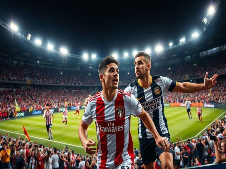 An intense football match between Santos and Internacional, showcasing players in action, the vibrant stadium atmosphere, and