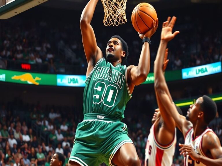 An action shot of Robert Parish in his Boston Celtics uniform, showcasing his athleticism and focus on the basketball court.