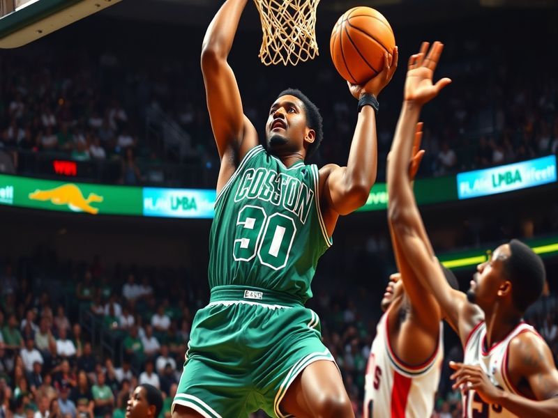 An action shot of Robert Parish in his Boston Celtics uniform, showcasing his athleticism and focus on the basketball court.