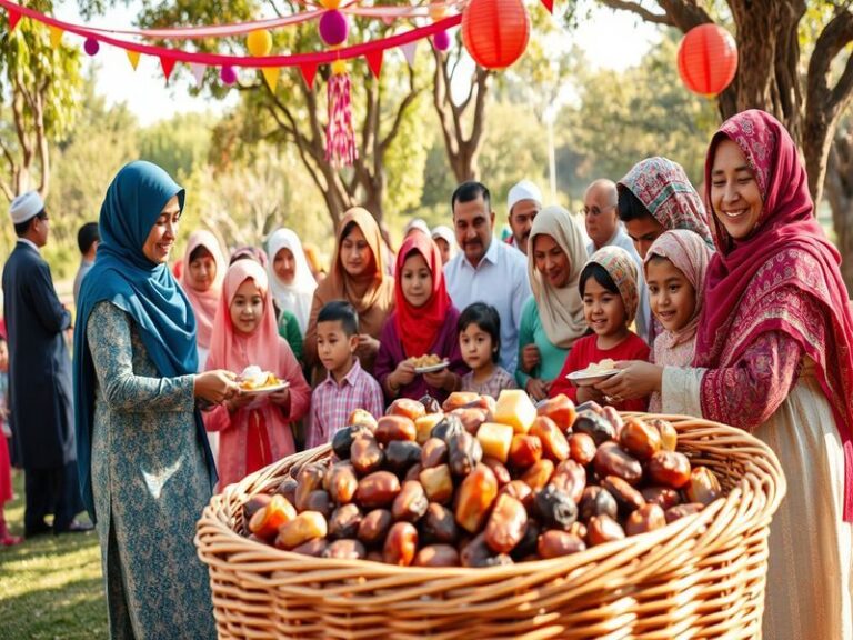 An illustration of diverse groups of people joyfully participating in Eid al-Fitr celebrations, showcasing cultural diversity