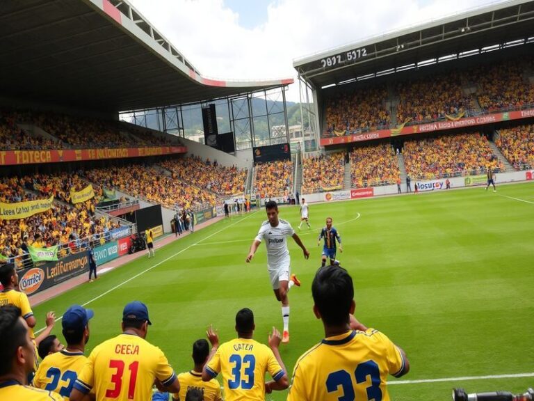 An intense football match between Bucaramanga and Once Caldas, showcasing players in action, vibrant fan support, and the ele