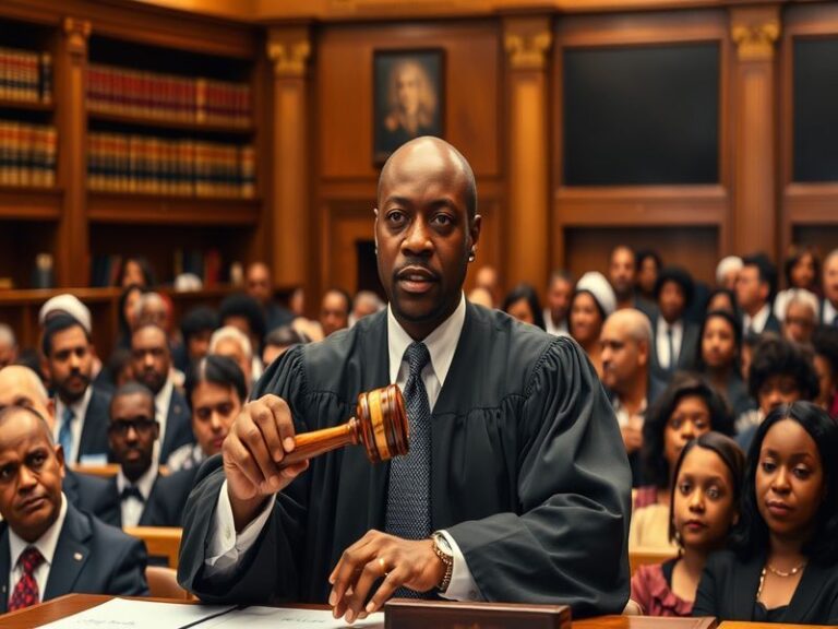 A portrait of Judge Greg Mathis in his courtroom, exuding confidence and charisma, surrounded by legal books and a gavel.