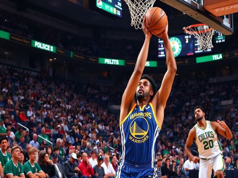 An action shot from the Warriors vs Celtics game, featuring Stephen Curry and Jayson Tatum battling for the ball, with fans i