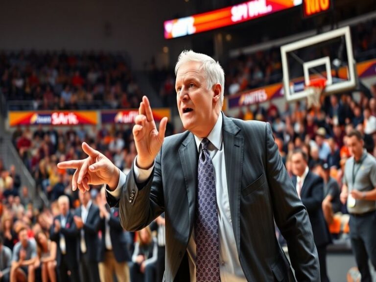 A dynamic image of Andy Enfield coaching during a USC basketball game, showcasing his intense focus and engagement with playe