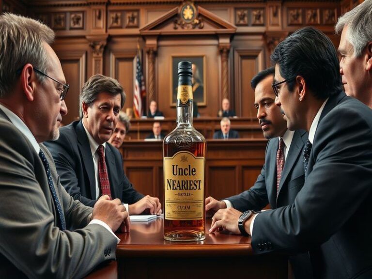 A dramatic courtroom scene with a whiskey bottle in the foreground, reflecting the tension of the legal battle over brand ide