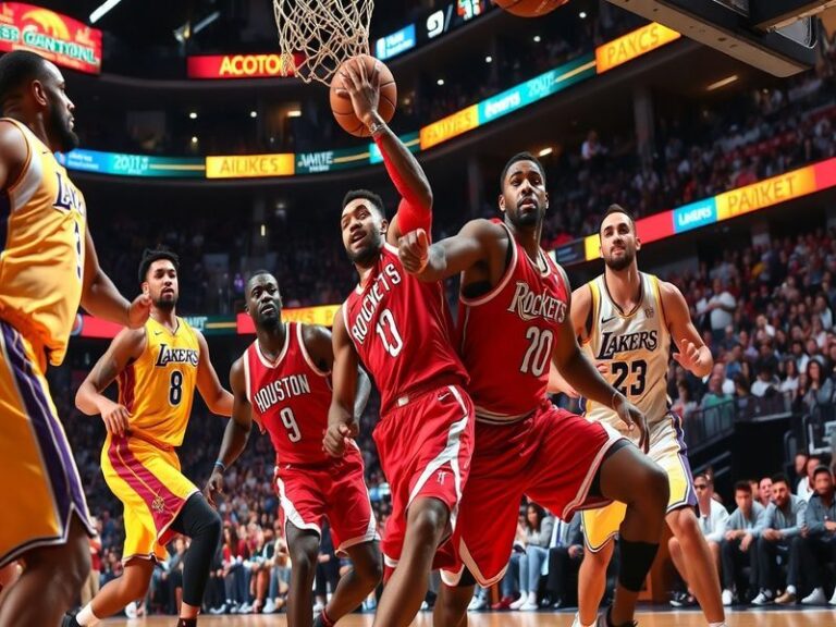 An action-packed moment from a Rockets vs. Lakers game, showcasing players in vibrant jerseys battling for the ball on the co