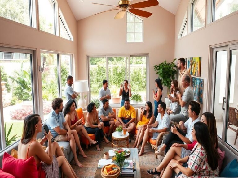 A vibrant promotional image of the La Casa de los Famosos villa with contestants posing dramatically in front of it. The scen