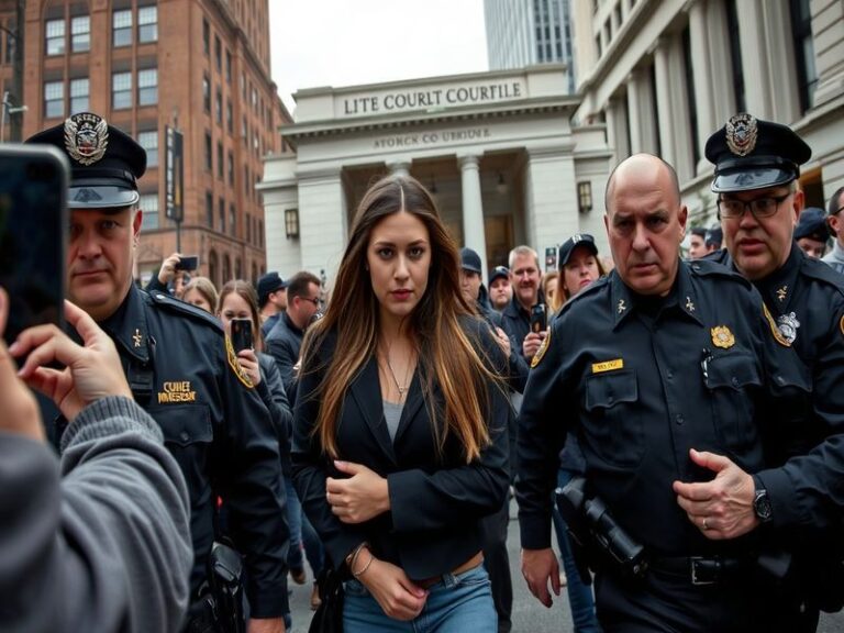 A somber image of a police car with flashing lights outside a venue, symbolizing the arrest of a public figure, with a crowd