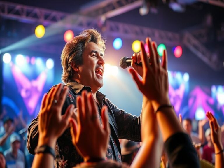 A vibrant concert scene featuring Bobby Pulido on stage, wearing a traditional charro suit with a mariachi band in the backgr