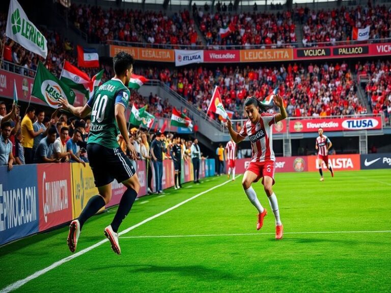 A vibrant soccer stadium filled with fans, showcasing banners and flags representing both Toluca and San Diego, creating an e