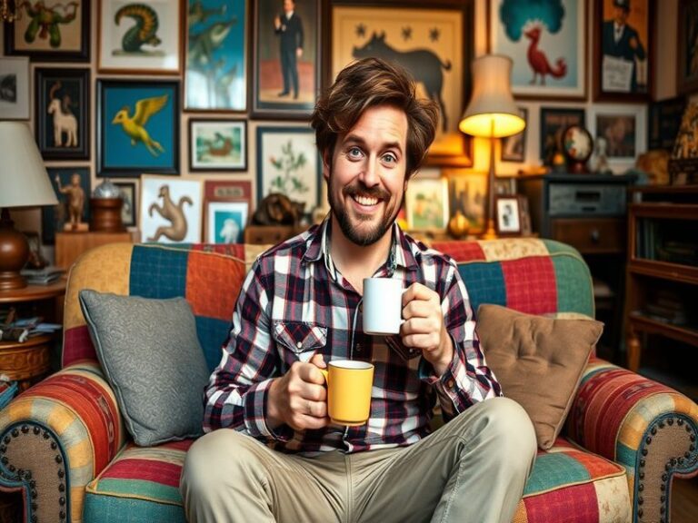 A split-screen image: On the left, Zach Galifianakis in his signature mustache and casual clothing, sitting between two fake