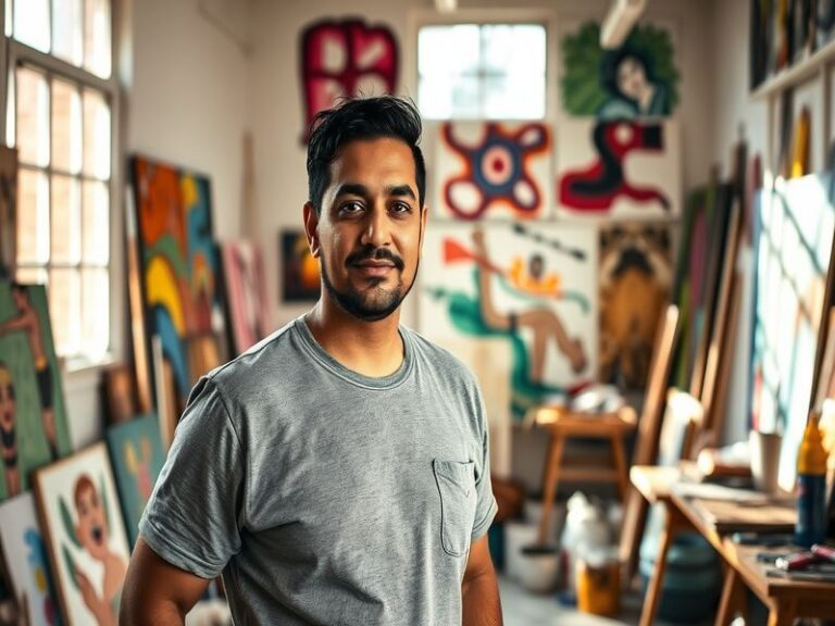 A vibrant art piece by Santiago Sandoval, showcasing bold colors and intricate patterns, set against a backdrop of an urban l