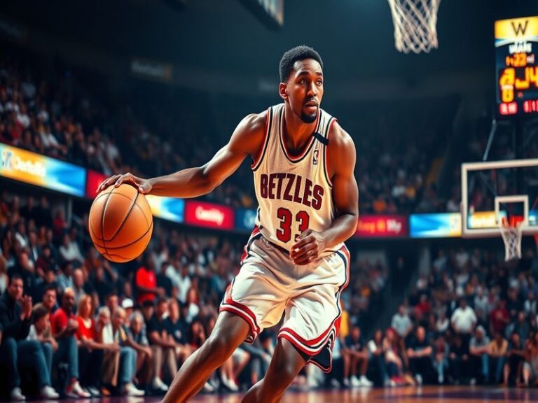 A dynamic action shot of Rod Strickland in a Portland Trail Blazers uniform, mid-pass with a focused expression, surrounded b