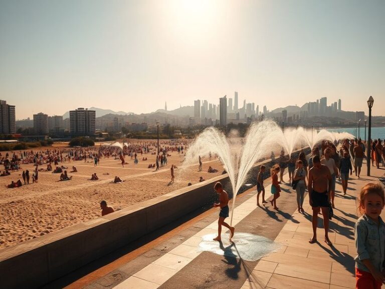 A graphic depicting a heat wave, showcasing a sun with intense rays over a dry landscape, highlighting the stark contrast bet