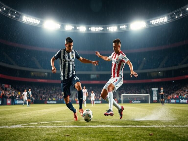 Una imagen de un emocionante partido de fútbol entre Chivas y Club León, mostrando la intensidad de los jugadores en el campo