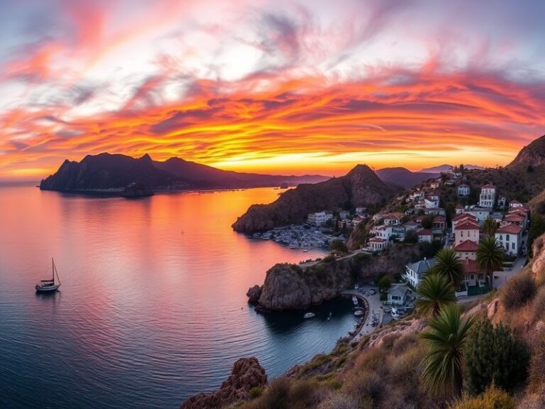 A scenic view of Catalina Island showcasing its rugged coastline, clear blue waters, and lush greenery, with the town of Aval