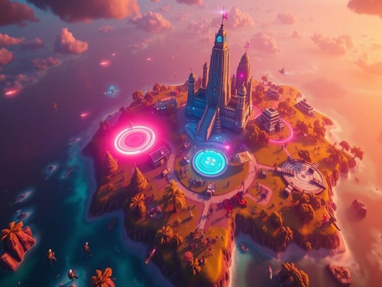 An engaging image showcasing Fortnite's new map locations with vibrant colors and characters in action, highlighting the adve