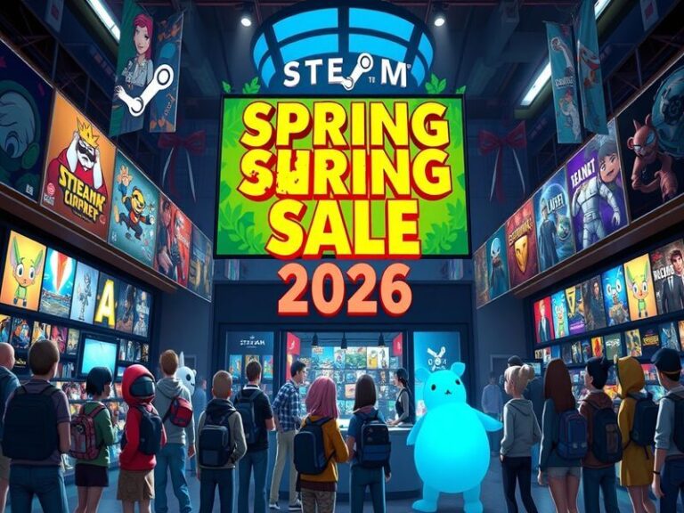 A vibrant digital collage featuring popular video game characters and logos, with a festive spring theme and sale banners.