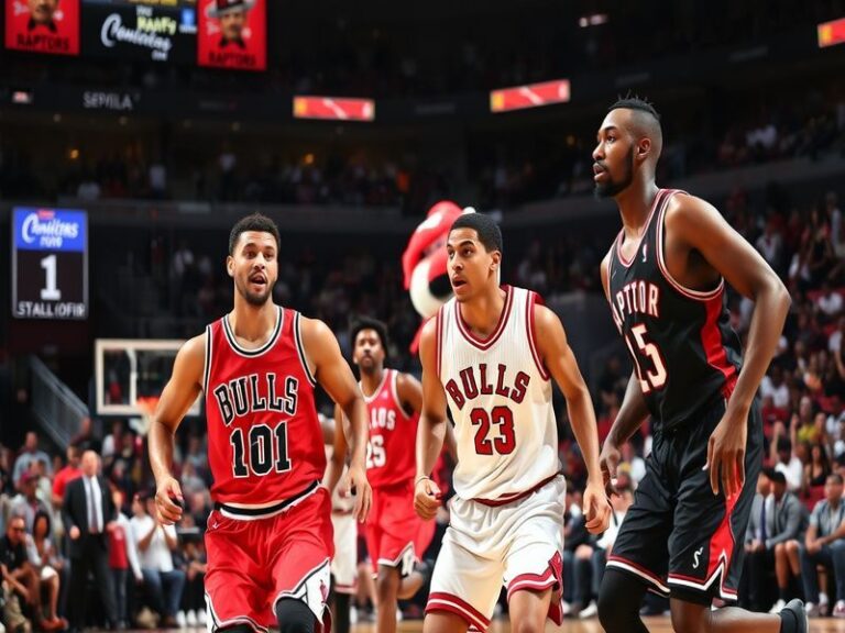 A dynamic basketball scene featuring players from the Bulls and Raptors in action during a game, showcasing intensity and com