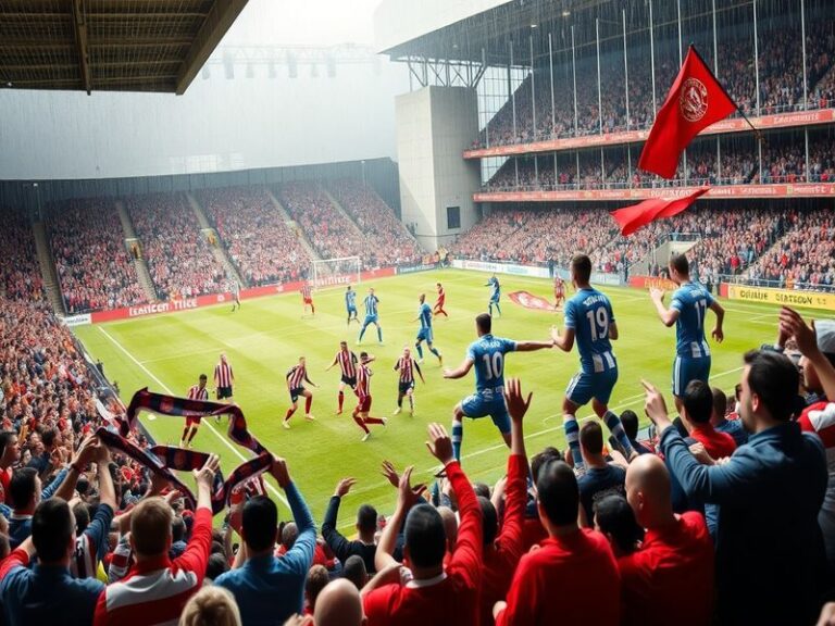 A dynamic football match scene featuring Sunderland and Sheffield United players battling for the ball on a vibrant pitch, wi
