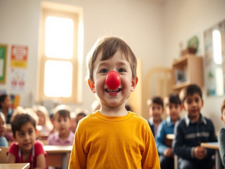 A vibrant image of people wearing red noses, participating in a fundraising event, with laughter and joy in the atmosphere