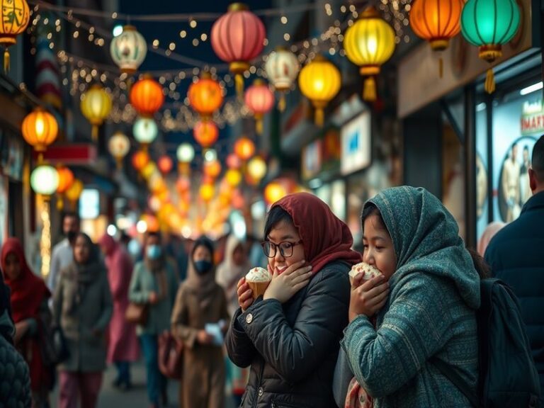 A vibrant festival scene depicting families celebrating Eid with traditional clothing, festive decorations, and shared meals.