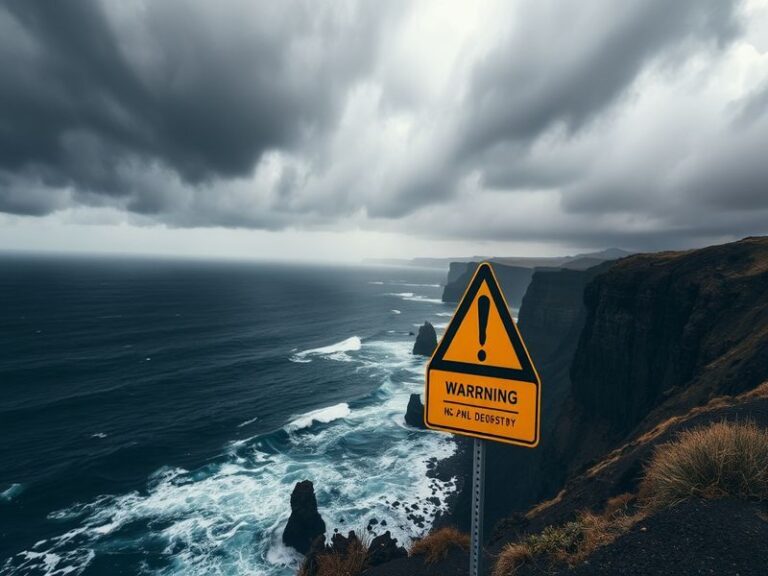 A dramatic coastal scene in Tenerife with dark storm clouds over the ocean, palm trees bending in strong winds, and a red war