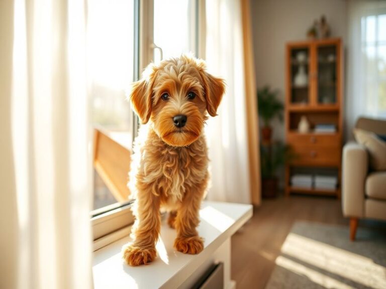 A playful Cockapoo in a park, showcasing its curly fur and friendly demeanor, with a bright blue sky in the background.