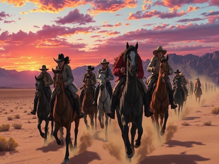 A dynamic anime-style illustration of Johnny Joestar and Gyro Zeppeli racing across an American desert landscape, with a vint
