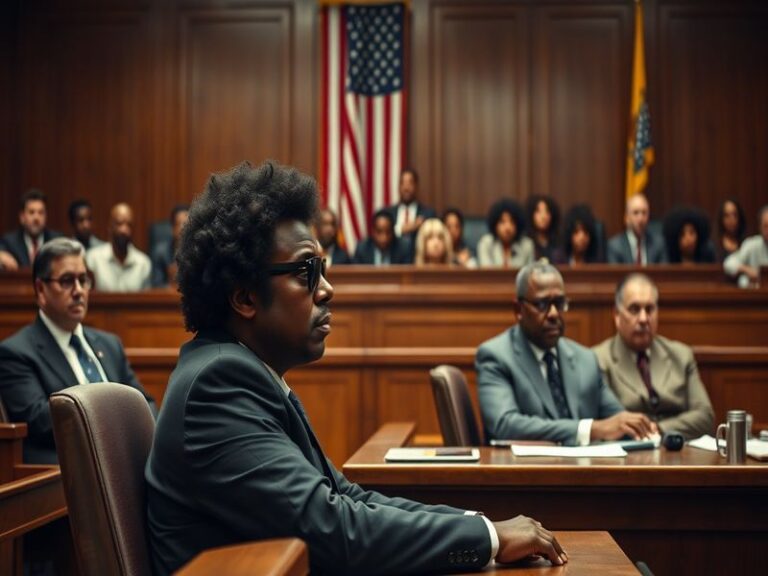 A courtroom scene featuring Afroman, surrounded by his legal team, with a tense atmosphere capturing the seriousness of the t