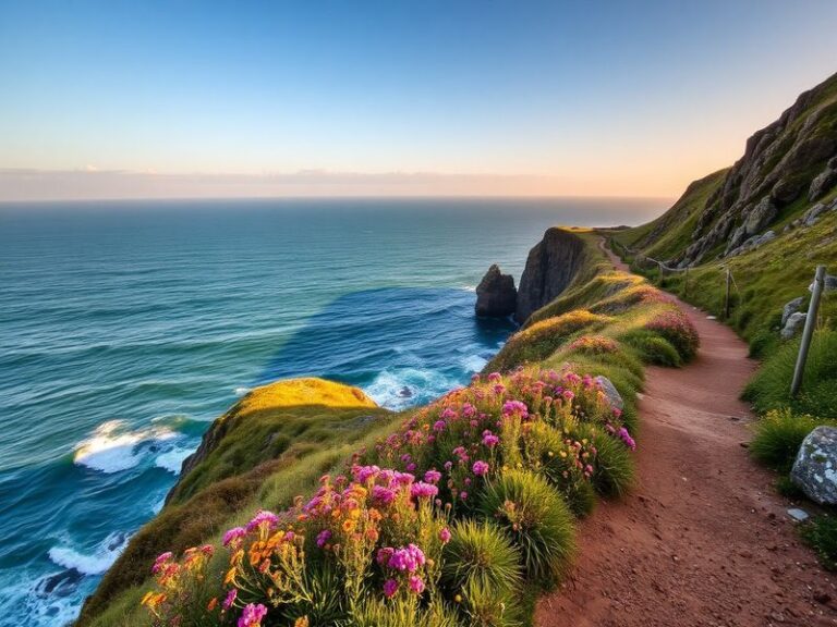 A picturesque view of the King Charles Coastal Path, showcasing lush greenery, rocky cliffs, and a vibrant coastline under a