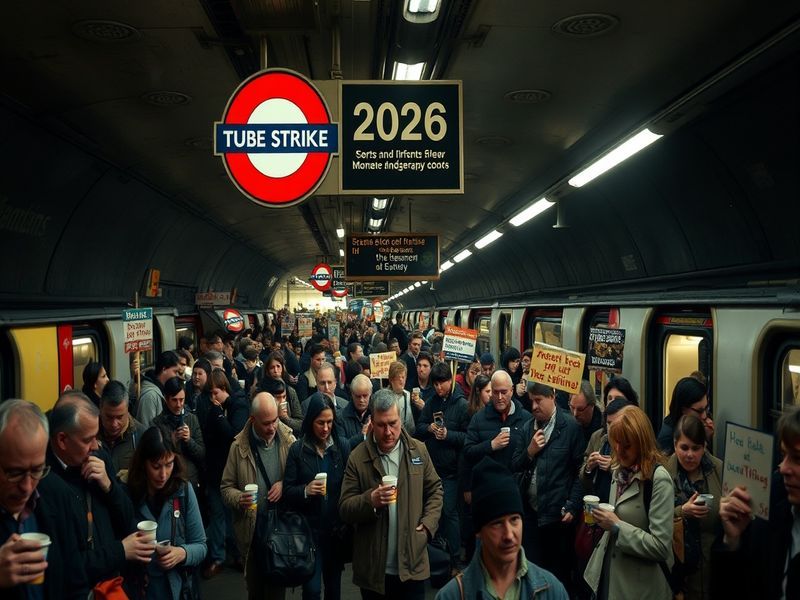 A crowded London tube station during the strikes, with commuters looking frustrated and signs indicating service disruptions.