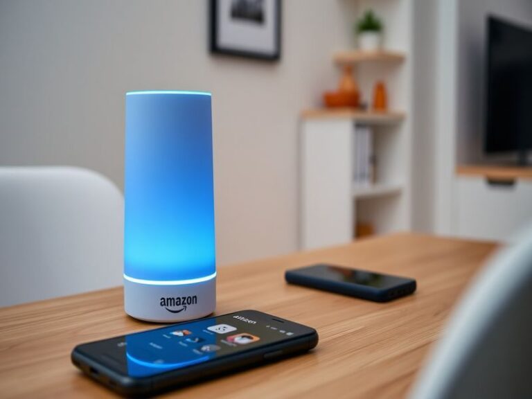 An image showcasing a modern living room with an Amazon Echo device, highlighting smart technology integration and a cozy amb