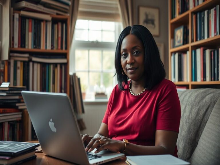 A portrait of Malorie Blackman, with books in the background, reflecting her influence in literature.