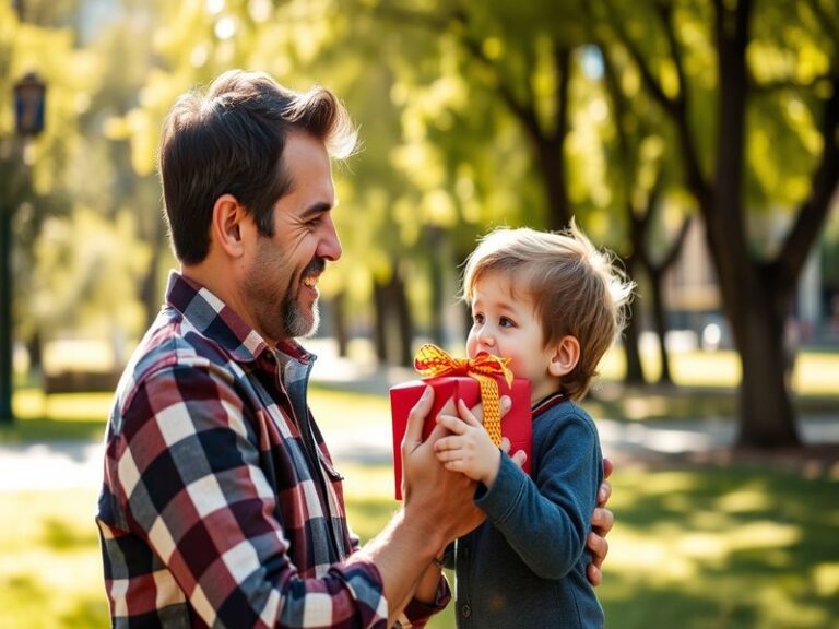 A warm family gathering at a dining table, featuring a father surrounded by children presenting gifts, with festive decoratio