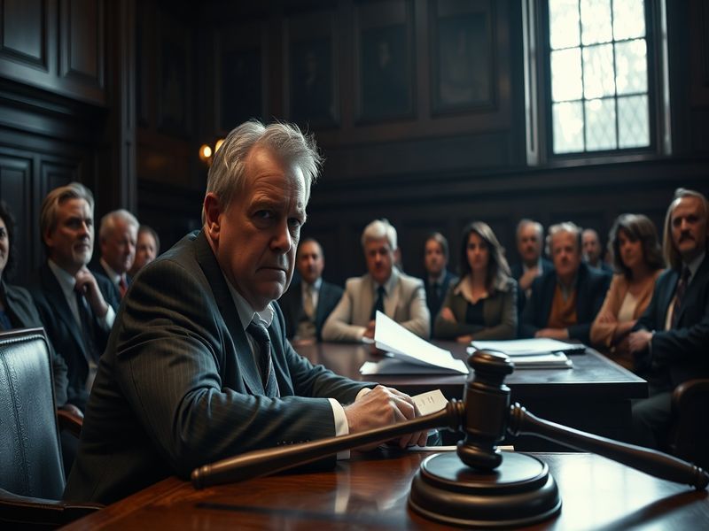 A courtroom setting with a gavel in focus, symbolizing justice and corporate accountability, with blurred figures in the back