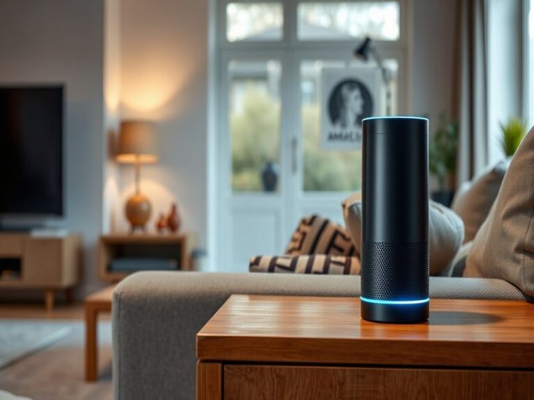 An image showing a user interacting with an Amazon Alexa device in a modern home environment, highlighting smart home technol