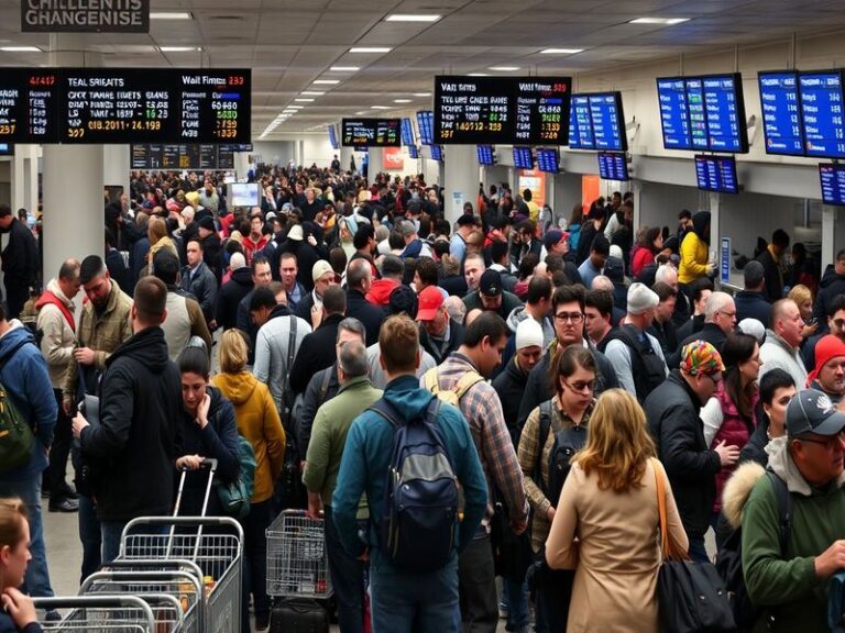 A busy TSA security line at Philadelphia International Airport with travelers patiently waiting, showcasing the modern airpor
