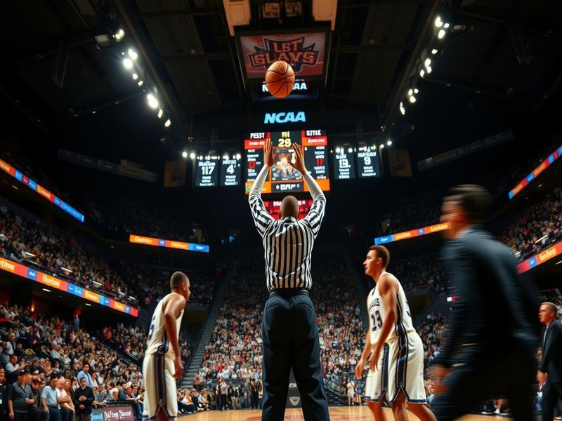 A dynamic image of a packed college basketball arena during a game, showcasing enthusiastic fans, vibrant team colors, and th