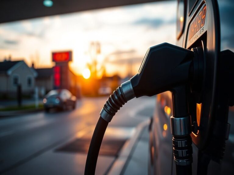A gas station with a price sign displaying fluctuating gas prices, with cars refueling in the background, set during a sunny