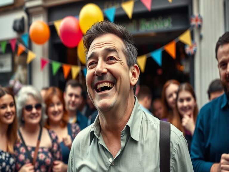 A lively image of Paul Chuckle performing on stage, showcasing his comedic style with bright lighting and a joyful audience.